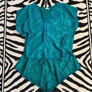 Vintage Pajama Set Matching Coord Top & Shorts 90s Jacquard Emerald Green XL